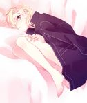  barefoot bed blonde_hair breasts cleavage dameaki ear_piercing earrings genderswap genderswap_(mtf) grey_eyes jacket jacket_on_shoulders jewelry legs lying persona persona_4 piercing scar short_hair small_breasts solo tatsumi_kanji 