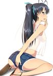  94plum :d antenna_hair ass black_hair blue_eyes breasts camisole cutoffs denim denim_shorts earrings fang ganaha_hibiki hair_ribbon hoop_earrings idolmaster idolmaster_(classic) jewelry kneeling long_hair medium_breasts nipples no_bra open_mouth ponytail ribbon sandals see-through shorts sitting smile wariza 