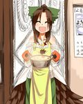  :d ^_^ apron bare_shoulders bow brown_hair closed_eyes contemporary fang hair_bow happy long_hair madara_hato open_mouth oven_mitts reiuji_utsuho smile solo sweater touhou wings 