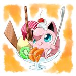  :q blue_eyes cherry dessert food food_on_head fruit good_frog ice_cream in_container jigglypuff kiwi kiwifruit nintendo no_humans object_on_head orange pokefood pokemon simple_background spoon tongue tongue_out wafer whipped_cream 