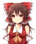  :3 ascot bow brown_eyes brown_hair detached_sleeves hair_bow hair_tubes hakurei_reimu long_hair solo touhou upper_body v-shaped_eyebrows yamasuta 