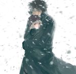  1girl bad_id bad_pixiv_id black_hair closed_eyes coat emiya_kiritsugu fate/zero fate_(series) father_and_daughter gloves hat hug illyasviel_von_einzbern long_coat long_hair purple_hat red_eyes shared_clothes shared_coat snowing white_hair winter yukasu 