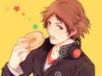  bad_id bad_pixiv_id brown_eyes brown_hair doughnut eating food hanamura_yousuke headphones headphones_around_neck houndstooth jpeg_artifacts male_focus open_mouth persona persona_4 school_uniform solo spiked_hair tiitakeo yellow_background 