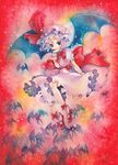  bat bat_wings blue_hair dated dress hand_on_own_chin hat mary_janes mosho red_eyes remilia_scarlet shoes signature smile solo touhou traditional_media watercolor_(medium) wings wrist_cuffs 