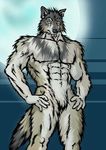  anthro biceps black_nose canine crotch_tuft exz fur grey_eyes grey_fur male mammal muscles nude pecs pose sheath solo standing unknown_artist wolf 