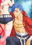  1girl arm_around_waist ass bandages bikini_top blue_hair breasts cape codax dimples_of_venus hair_over_one_eye kamina long_hair medium_breasts pants pectorals pink_legwear red_eyes red_hair sarashi scarf shirtless short_shorts shorts slender_waist tan tattoo tengen_toppa_gurren_lagann thighhighs underboob yoko_littner 