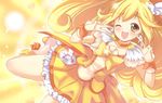  ;d blonde_hair boots bow bowtie brooch choker cure_peace deeple double_v eyelashes hair_flaps happy jewelry kise_yayoi long_hair magical_girl one_eye_closed open_mouth orange_choker orange_neckwear precure skirt smile smile_precure! solo v wrist_cuffs yellow yellow_background yellow_bow yellow_eyes yellow_skirt 