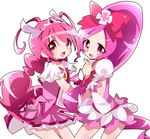  antenna_hair blush bow choker color_connection cure_blossom cure_happy frills hanasaki_tsubomi head_wings heartcatch_precure! holding_hands hoshizora_miyuki huge_bow long_hair magical_girl multiple_girls no_nose payu_(arucure) pink pink_bow pink_choker pink_eyes pink_hair pink_skirt ponytail precure puffy_sleeves shiny shiny_skin skirt smile smile_precure! tiara twintails white_background wrist_cuffs 