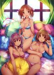  bandeau bare_shoulders bikini bow breast_rest breasts brown_hair cleavage frilled_bikini frills front-tie_top groin hair_bow hair_ornament idolmaster idolmaster_cinderella_girls kara_(color) kneeling large_breasts long_hair looking_at_viewer medium_breasts mimura_kanako multiple_girls navel o-ring o-ring_top open_mouth pillow sakakibara_satomi shiny shiny_skin side-tie_bikini smile strap_gap striped striped_bikini striped_swimsuit swimsuit thigh_gap totoki_airi twintails window 