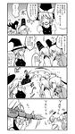  4koma anger_vein bandages bow braid comic dress from_behind ghost_tail greyscale hair_bow hat hat_bow hat_removed headwear_removed highres kirisame_marisa monochrome mononobe_no_futo multiple_girls no_hat no_headwear one_eye_closed ponytail rocket_launcher rpg ryuuichi_(f_dragon) soga_no_tojiko tate_eboshi touhou translated weapon witch_hat 