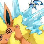  @_@ battle eeveelution eyes_closed fire flareon good_frog nintendo no_humans open_mouth pawpads paws plain_background pok&#233;mon pokemon simple_background vaporeon video_games water white_background 