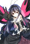  accel_world antenna_hair black_hair bug butterfly butterfly_wings elbow_gloves gloves hairband highres insect kuroyukihime long_hair red_eyes solo wings xephonia 