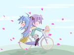  back-to-back bad_id bad_pixiv_id bicycle blue_hair cherry_blossoms chibi cruiser_bicycle ground_vehicle hiiragi_kagami izumi_konata long_hair lucky_star moco_(axion_channel) mole mole_under_eye multiple_girls multiple_riders purple_hair riding yuri 