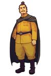  advance_wars advance_wars:_dual_strike belt black_eyes boots brown_hair cape facial_hair full_body goatee hand_on_hip high_ponytail highres hirata_ryou kikuchiyo_(advance_wars) male_focus military military_uniform mustache official_art ponytail simple_background solo standing topknot turtleneck uniform 