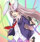  alternate_hair_color animal_ears bunny_ears hitoto long_hair microphone open_mouth pink_hair red_eyes reisen_udongein_inaba silver_hair smile solo star symbol-shaped_pupils touhou 