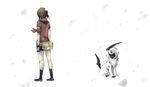  absol black_legwear brown_hair from_behind gen_3_pokemon gloves haruka_(pokemon) kneehighs pokemon pokemon_(creature) pokemon_(game) pokemon_rse shoes short_hair simple_background snow snowing standing taoru_(t_kiji) white_background 