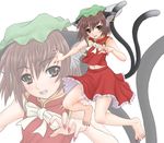  animal_ears bare_shoulders barefoot brown_eyes brown_hair cat_ears cat_tail chen china_dress chinese_clothes dress earrings feet hat jewelry kuro_suto_sukii long_toenails midriff multiple_tails nail_polish navel red_nails short_hair solo tail toenail_polish toenails touhou zoom_layer 