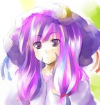  bad_id bad_pixiv_id crescent crescent_hair_ornament eyebrows_visible_through_hair hair_ornament hat long_hair open_mouth patchouli_knowledge portrait purple_eyes purple_hair ribbon solo teru_teru touhou 