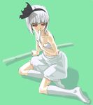  bad_id bad_pixiv_id bandages bloomers face flat_chest green_background katana konpaku_youmu mouth_hold red_eyes ribbon sarashi sheath sheathed shiba_itsuki short_hair simple_background sitting socks solo sword touhou underwear weapon white_bloomers 