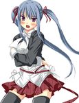  amatsuka_tsurara angry baby_princess black_legwear blue_hair blush bow covering crossed_arms hair_ribbon long_hair nekonote_(nekono_paraiso) open_mouth plaid plaid_skirt purple_eyes ribbon skirt solo thighhighs twintails zettai_ryouiki 