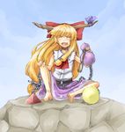  bad_id bad_pixiv_id barefoot closed_eyes feet gourd horns ibuki_suika ofuro_mantarou rock sitting sketch smile solo touhou 