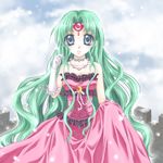  blue_eyes choker copyright_request dress frills green_hair jewelry long_hair mikazuki_sara necklace solo 