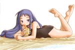  1girl ahoge ass ayase_yue braid drink_carton drinking flat_chest juice_box kasuga_yukihito long_image lying mahou_sensei_negima mahou_sensei_negima! on_stomach purple_eyes purple_hair solo swimsuit toe_scrunch twin_braids 