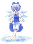  bad_id bad_pixiv_id barefoot bloomers bow cirno dress dress_lift solo touhou underwear wading white_bloomers yuzuki_(yuduame) 