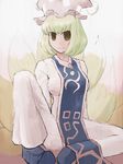  animal_ears bad_id bad_pixiv_id blonde_hair fox_tail hat nakedgeneral pants pillow_hat shoes short_hair sleeves_past_wrists solo tail touhou yakumo_ran 