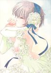  absurdres bow brown_hair closed_eyes copyright_request flower hato_rami highres ribbon rose short_hair solo 