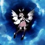 black_legwear blue_background blue_sky bow closed_eyes cloud dress full_body hat mystia_lorelei open_mouth outstretched_arms pink_hair ritsu_(roboroboro) short_hair shouting sky solo thighhighs touhou upskirt winged_hat wings 