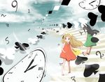  animal_ears bad_id bad_pixiv_id black_hair blonde_hair clock dress long_hair multiple_girls original tail yusorate 