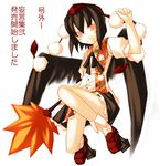  bangs black_hair black_wings geta hat looking_at_viewer nu_(plastic_eraser) shameimaru_aya smile solo tengu-geta touhou translated wings 