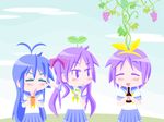  ahoge bad_id bad_pixiv_id blue_hair closed_eyes hiiragi_kagami hiiragi_tsukasa izumi_konata long_hair lucky_star moco_(axion_channel) mole mole_under_eye multiple_girls purple_hair short_hair siblings sisters triangle_mouth twins 