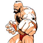  beard bodypaint capcom_fighting_jam chest_hair clenched_hand cowboy_shot facial_hair fingernails foreshortening highres male_focus mori_toshiaki muscle official_art panties russian simple_background solo stance street_fighter underwear white_background wrestler wrestling_outfit zangief 