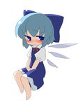  barefoot blue_eyes blue_hair blush bow chibi cirno oka_(bananashoe) ribbon short_hair solo touhou wings 