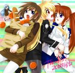  4girls blonde_hair blue_eyes blue_hair blush brown_hair circle_name fate_testarossa groceries hachi_(hachikai) hair_ornament hits long_hair low-tied_long_hair lyrical_nanoha mahou_shoujo_lyrical_nanoha_strikers military military_uniform minigirl miniskirt multiple_girls pantyhose pencil_skirt ponytail purple_eyes red_eyes red_hair reinforce_zwei short_hair side_ponytail skirt takamachi_nanoha thighhighs tsab_air_military_uniform tsab_executive_military_uniform tsab_ground_military_uniform uniform white_legwear x_hair_ornament yagami_hayate zettai_ryouiki 