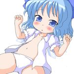  blush cirno flat_chest geetsu navel open_clothes open_shirt panties shirt solo touhou underwear white_background white_panties wings 