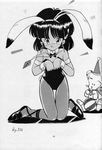  1girl animal_ears bunny_ears bunnysuit chibi cute earrings fushigi_no_umi_no_nadia highres jewelry king king_(nadia) monochrome nadia sandals simple_background solo 