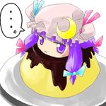  :&lt; artist_request chibi crescent food hat lowres no_humans patchouli_knowledge pudding purple_eyes purple_hair solo spoken_ellipsis touhou yukkuri_shiteitte_ne 