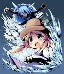  blonde_hair blue_hair cirno crystal frog ham_(points) hat ice moriya_suwako multiple_girls ribbon tears touhou 