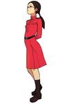  advance_wars advance_wars:_dual_strike arms_behind_back asuka_(advance_wars) belt black_eyes black_hair boots dress flat_chest full_body glasses highres hirata_ryou long_hair military military_uniform official_art simple_background solo standing turtleneck twintails uniform 