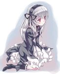  bad_id bad_pixiv_id blush boots gothic kneeling long_hair moriki_takeshi pale_skin red_eyes rozen_maiden silver_hair solo suigintou 