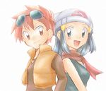  artist_request back-to-back beanie blue_eyes blue_hair hair_ornament hairclip hat hikari_(pokemon) jewelry long_hair multiple_girls necklace nozomi_(pokemon) pokemon pokemon_(anime) pokemon_dp_(anime) red_eyes red_hair scarf short_hair simple_background smile sunglasses vest white_background 