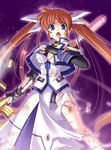  black_panties brown_hair long_hair lyrical_nanoha magical_girl mahou_shoujo_lyrical_nanoha_strikers narutaki_shin panties purple_eyes raising_heart solo takamachi_nanoha torn_clothes twintails underwear 