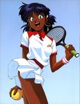  absurdres artist_request dark_skin dress fushigi_no_umi_no_nadia green_eyes highres nadia official_art purple_hair racket short_hair solo tennis tennis_dress tennis_racket twisted_torso 