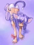  all_fours animal_ears arm_ribbon bangs blunt_bangs cat_ears cat_tail full_body myuracchi_(ayashii_hon'ya) original panties perspective pose purple purple_hair purple_legwear red_ribbon ribbon simple_background solo tail thighhighs topless underwear white_panties yellow_eyes 