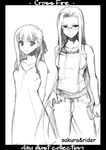  azu belt buckle collarbone dress fate/stay_night fate_(series) greyscale long_hair looking_at_viewer matou_sakura monochrome multiple_girls pants rider sidelocks simple_background very_long_hair white_background 