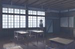  brown_eyes brown_hair brown_skirt chair classroom desk dilapidated indoors light long_hair long_sleeves looking_away naox original scenery school_desk skirt solo standing twintails window 