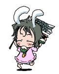  ^_^ animal_ears arms_up baku_taso black_hair bloomers blush bunny_ears bunny_girl bunny_tail carrot_necklace chibi closed_eyes dancing dress flag food full_body happy holding holding_food inaba_tewi kashiwa_mochi_(food) kodomo_no_hi koinobori leg_up lowres mouth_hold oekaki pink_dress ribbed_dress short_dress short_hair short_sleeves simple_background smile solo tail touhou underwear white_background 